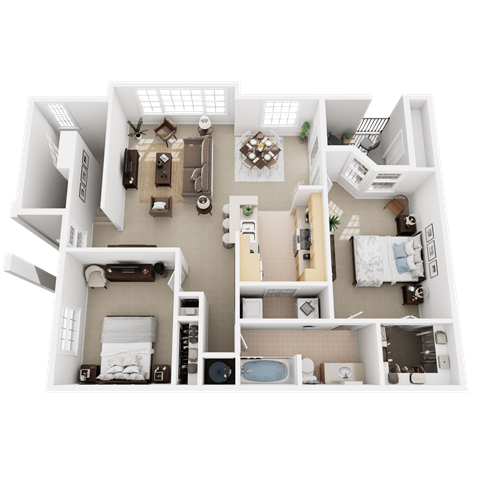 A 3D floor plan of a 2 bedroom, 1 bathroom apartment at Pinnacle Pointe